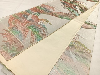 平和屋着物◎六通柄袋帯　唐織　立波文　銀糸　正絹　逸品　BAAX0097qw
