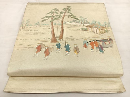 平和屋着物◎太鼓柄袋帯　人物風景文　引箔　正絹　逸品　BAAX0103qw