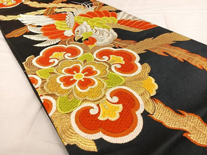 平和屋着物◎六通柄袋帯 唐織 鳳凰花文 黒地 金銀糸 正絹 逸品 BAAX0116qw