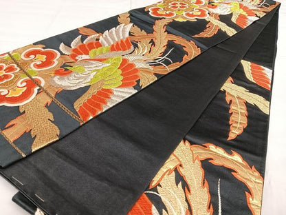 平和屋着物◎六通柄袋帯 唐織 鳳凰花文 黒地 金銀糸 正絹 逸品 BAAX0116qw