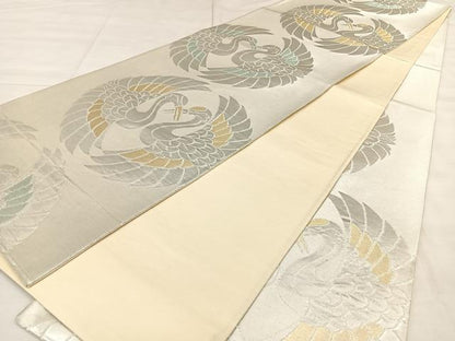 平和屋着物◎六通柄袋帯 唐織 双鶴丸文 金銀糸 正絹 逸品 BAAX0117qw
