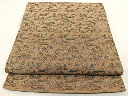 平和屋着物◎全通柄 本袋帯 風景文 金糸 正絹 逸品 BAAX0118qw