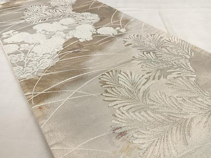 平和屋着物◎六通柄袋帯 唐織 草花文 銀糸 正絹 逸品 BAAX0132qw