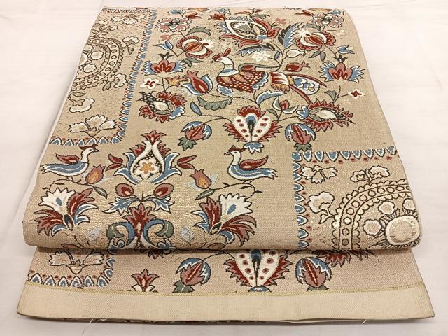 平和屋着物◎六通柄　本袋帯　更紗花鳥文　金糸　正絹　逸品　BAAX0148qw