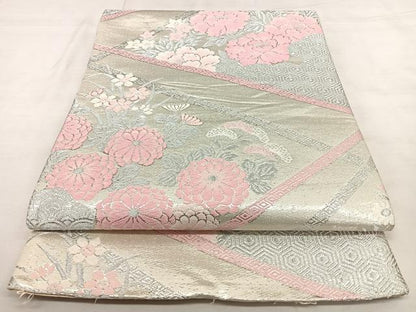 平和屋着物◎六通柄袋帯 唐織 切嵌花文 銀糸 正絹 逸品 BAAX0153qw