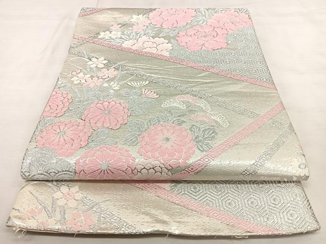 平和屋着物◎六通柄袋帯 唐織 切嵌花文 銀糸 正絹 逸品 BAAX0153qw