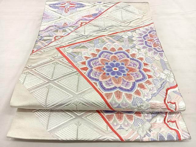 平和屋着物◎六通柄袋帯 唐織 裂取むかい鶴文 銀糸 正絹 逸品 BAAX0155qw
