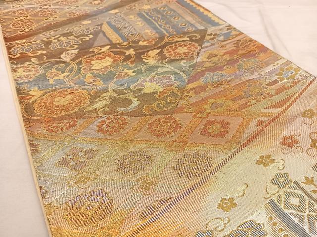 平和屋着物◎六通柄袋帯 切嵌花文 金糸 正絹 逸品 BAAX0156qw