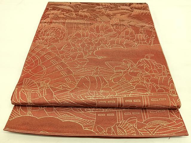 平和屋着物◎六通柄袋帯　人物文　金糸　正絹　逸品　BAAX0160qw