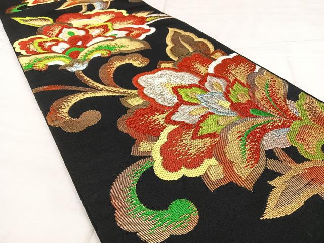 平和屋着物◎六通柄袋帯　天平唐花文　黒地　金銀糸　綿　逸品　BAAX0169qw