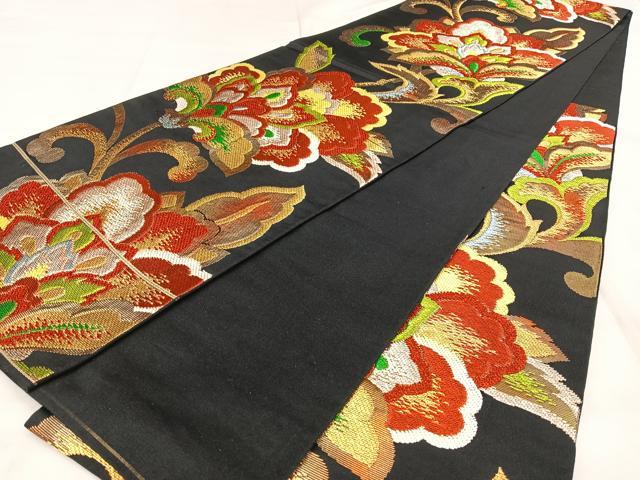 平和屋着物◎六通柄袋帯　天平唐花文　黒地　金銀糸　綿　逸品　BAAX0169qw
