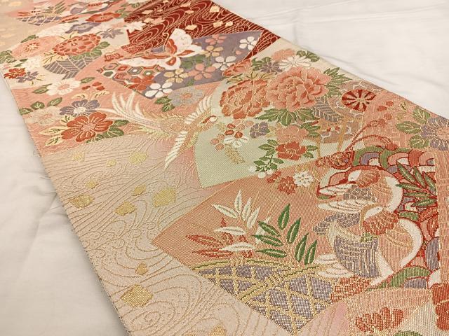 平和屋着物◎佐賀錦　六通柄袋帯　地紙花鳥文　金糸　正絹　逸品　BAAX0171qw