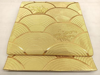 平和屋着物◎六通柄袋帯 唐織 立波文 金糸 正絹 逸品 BAAX0174qw
