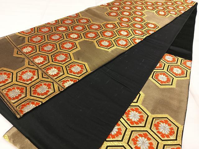 平和屋着物◎西陣　服部織物謹製　六通柄袋帯　白鳥緞子　亀甲花文　金銀糸　正絹　逸品　BAAX0180qw