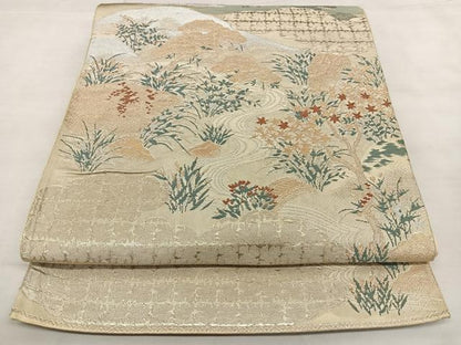 平和屋着物◎六通柄袋帯　遠山草花文　金銀糸　正絹　逸品　BAAX0185qw