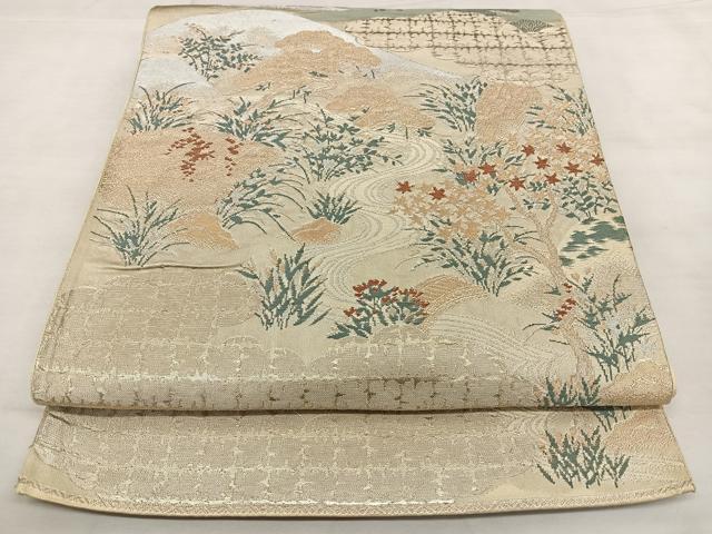 平和屋着物◎六通柄袋帯　遠山草花文　金銀糸　正絹　逸品　BAAX0185qw