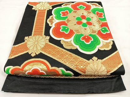 平和屋着物◎六通柄袋帯　唐織　亀甲花文　黒地　金糸　正絹　逸品　BAAX0188qw