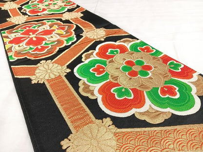 平和屋着物◎六通柄袋帯　唐織　亀甲花文　黒地　金糸　正絹　逸品　BAAX0188qw