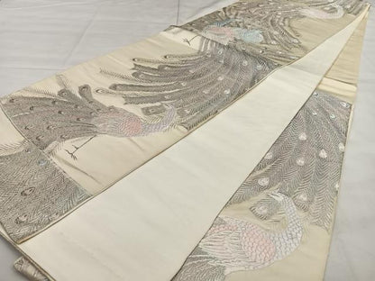 平和屋着物◎六通柄袋帯　手織　孔雀文　銀糸　正絹　逸品　BAAX0199qw
