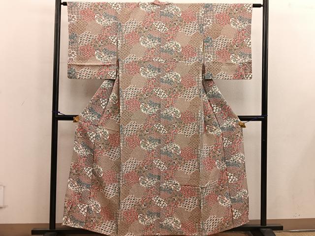 平和屋着物■上質な小紋 扇面更紗花文 正絹 逸品 BAAX0210mz