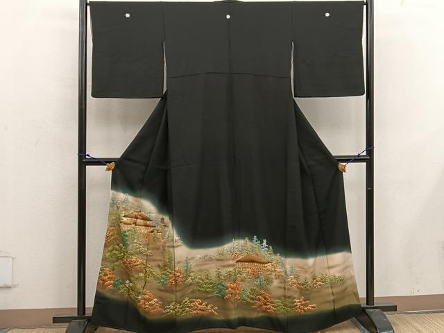 平和屋着物■豪華黒留袖 樹林風景文 暈し染め 金彩 正絹 逸品 BAAX0244mz