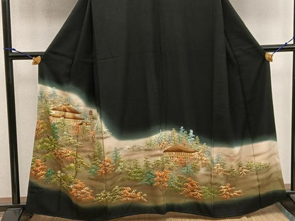 平和屋着物■豪華黒留袖 樹林風景文 暈し染め 金彩 正絹 逸品 BAAX0244mz