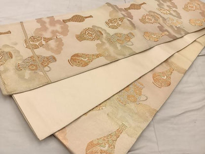 平和屋着物◎六通柄袋帯　陶器花文　金銀糸　正絹　逸品　BAAX0261mz