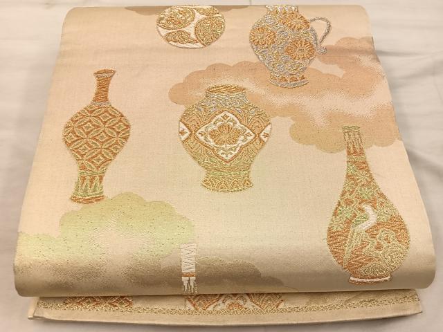 平和屋着物◎六通柄袋帯　陶器花文　金銀糸　正絹　逸品　BAAX0261mz