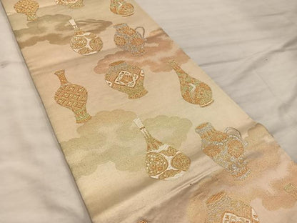平和屋着物◎六通柄袋帯　陶器花文　金銀糸　正絹　逸品　BAAX0261mz