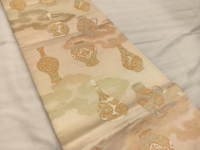 平和屋着物◎六通柄袋帯　陶器花文　金銀糸　正絹　逸品　BAAX0261mz