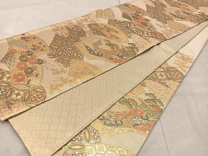 平和屋着物◎佐賀錦　六通柄袋帯　地紙重ね花文　金糸　正絹　逸品　BAAX0267mz