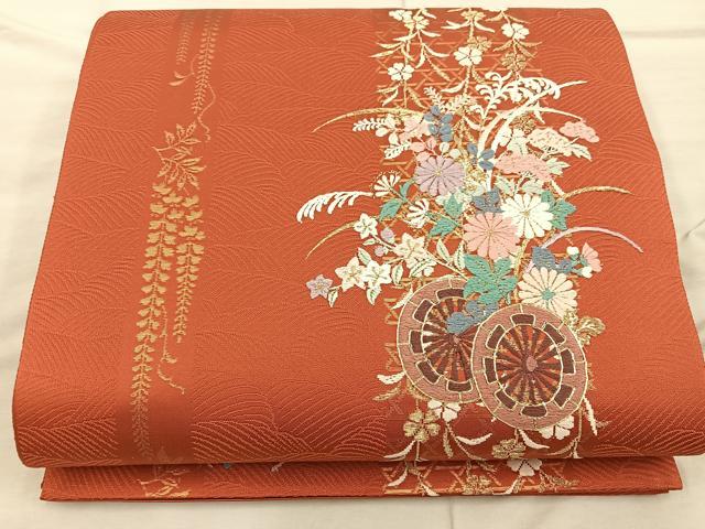 平和屋着物◎太鼓柄袋帯　唐織　花車文　金糸　正絹　逸品　BAAX0268mz