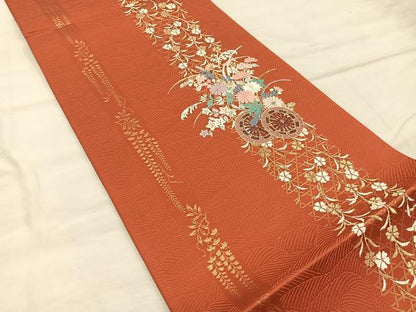 平和屋着物◎太鼓柄袋帯　唐織　花車文　金糸　正絹　逸品　BAAX0268mz