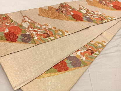 平和屋着物◎佐賀錦　六通柄袋帯　唐織　宝尽くし御所車牡丹花文　金糸　正絹　逸品　BAAX0270mz