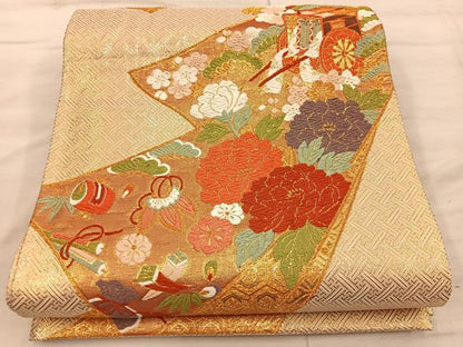 平和屋着物◎佐賀錦　六通柄袋帯　唐織　宝尽くし御所車牡丹花文　金糸　正絹　逸品　BAAX0270mz