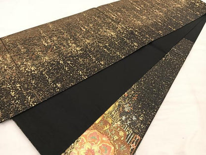 平和屋着物◎六通柄袋帯 鳳凰花文 黒地 金彩 正絹 逸品 BAAX0275mz
