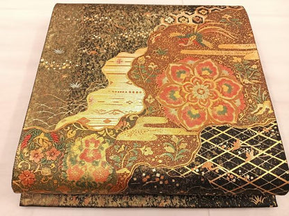平和屋着物◎六通柄袋帯 鳳凰花文 黒地 金彩 正絹 逸品 BAAX0275mz