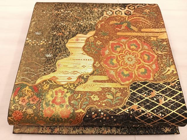 平和屋着物◎六通柄袋帯 鳳凰花文 黒地 金彩 正絹 逸品 BAAX0275mz