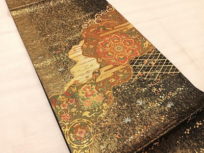 平和屋着物◎六通柄袋帯 鳳凰花文 黒地 金彩 正絹 逸品 BAAX0275mz