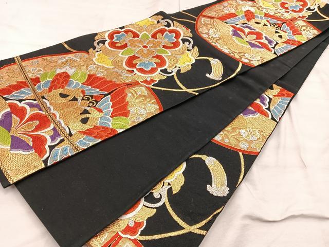 平和屋着物◎六通柄袋帯　唐織　飛鶴花丸文　黒地　金銀糸　正絹　逸品　BAAX0290mz
