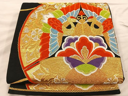 平和屋着物◎六通柄袋帯　唐織　飛鶴花丸文　黒地　金銀糸　正絹　逸品　BAAX0290mz