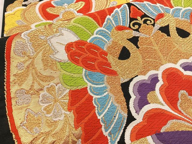 平和屋着物◎六通柄袋帯　唐織　飛鶴花丸文　黒地　金銀糸　正絹　逸品　BAAX0290mz