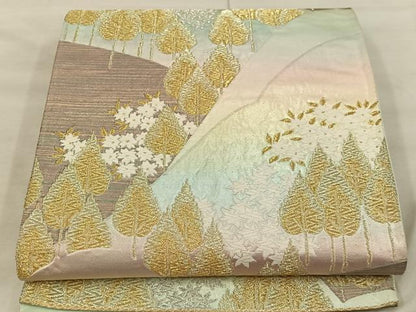 平和屋着物◎六通柄袋帯　樹林文　金糸　正絹　逸品　BAAX0291mz