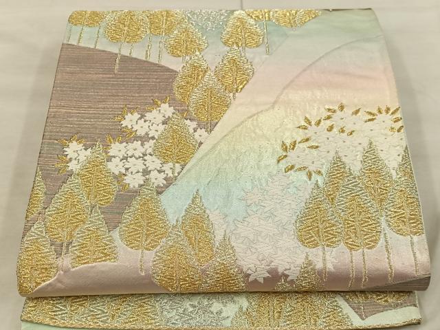平和屋着物◎六通柄袋帯　樹林文　金糸　正絹　逸品　BAAX0291mz