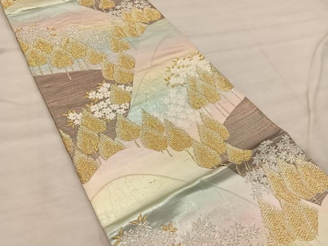 平和屋着物◎六通柄袋帯　樹林文　金糸　正絹　逸品　BAAX0291mz