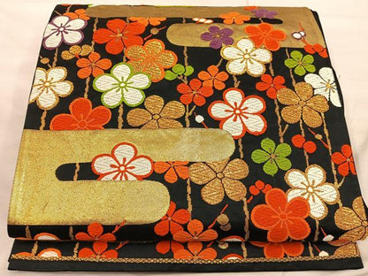 平和屋着物◎六通柄袋帯 唐織 エ霞梅花文 黒地 金糸 正絹 逸品 BAAX0304mz