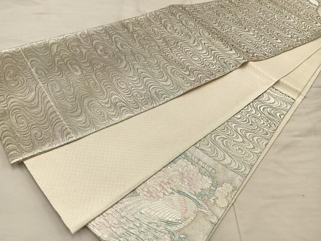 平和屋着物◎太鼓柄袋帯　ふくれ織　秀花麗姿孔雀文　銀糸　正絹　逸品　BAAX0309mz