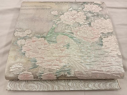 平和屋着物◎太鼓柄袋帯　ふくれ織　秀花麗姿孔雀文　銀糸　正絹　逸品　BAAX0309mz