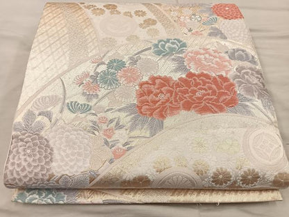平和屋着物◎六通柄袋帯　唐織　牡丹花文　金糸　正絹　逸品　BAAX0310mz