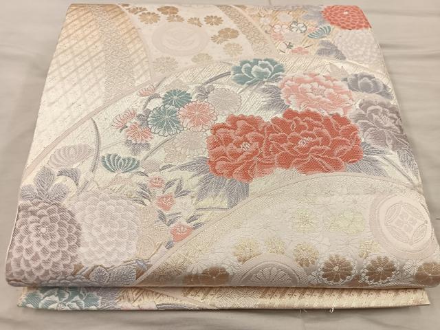 平和屋着物◎六通柄袋帯　唐織　牡丹花文　金糸　正絹　逸品　BAAX0310mz